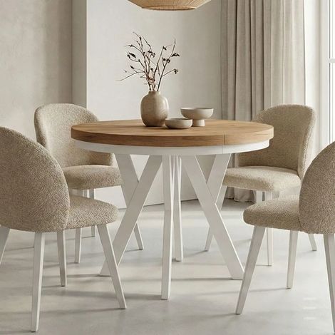 Table de salle à manger ronde extensible PERO avec cerclage métallique, style loft, scandinave, diamètre : 90 / 140 cm, couleur :wotan / blanc