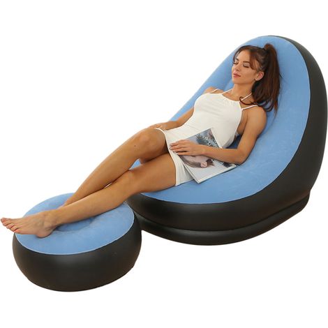 Decdeal Chaise gonflable pliable en PVC floqué, confortable, avec repose-pieds, pour camping en plein air, voyage, bleu clair (1/5)