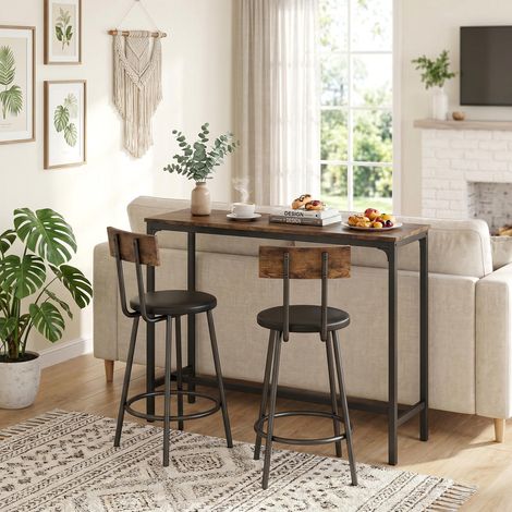 Ensemble Table de Bar et 2 Tabourets Hauts Mange-Debout Rembourrés avec Dossier Gain de Place Style Industriel Marron Rustique (1/5)