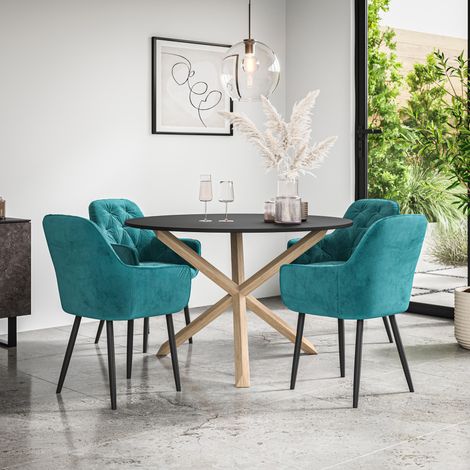 Malvern Round Dining Table And Chairs -  Black Table Top w Solid Oak Legs + Anika Velvet Dining Chair Set Of 4 (Blue) (1/5)