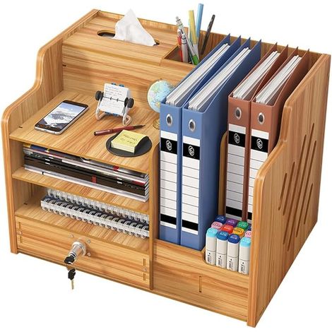 Organiseur de en bois avec tiroir, grande capacité pour, rangement de fichiers, trieur de documents A4, boîte de rangement pour fournitures de pour la maison, le bureau et l'école (1/4)