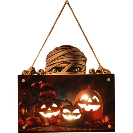 Beleuchtetes Holzschild mit Halloween-Kürbismotiv zum Aufhängen an Wand oder Tür, für die Innen- und Außendekoration von Haus und Garten, ideal für Partys. (1/5)