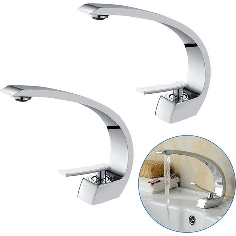 2PCS Auralum Design Robinet de Lavabo Cascade Mitigeur en Laiton Chromé pour Salle de Bain