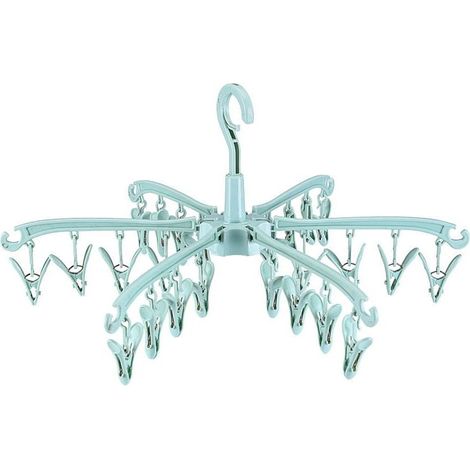 Green Folding Clothes Airer with 24 Clips, Indoor Outdoor Drying Rack, Rotating Clothes Airer for Socks, Cloth Diapers, Bras, Towels, Underwear (1/4)