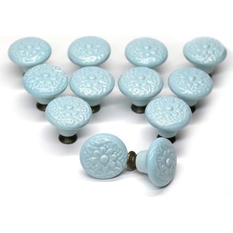 Poignée ronde vintage en céramique, 34 mm, bleue - convient aux coiffeuses, armoires et portes. (1/5)