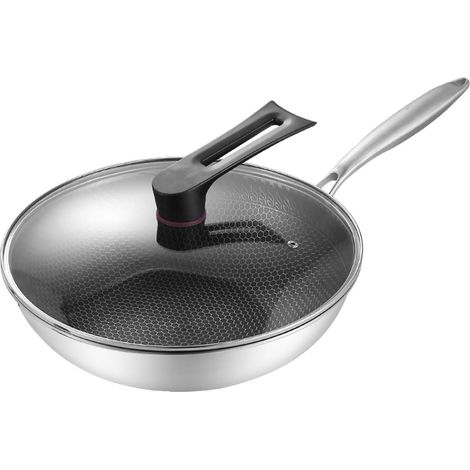 Poêle wok en acier inoxydable 34cm, double face nid d'abeille, 3 couches antiadhésives, facile à nettoyer, avec couvercle (sans anses) pour cuisine. (1/5)