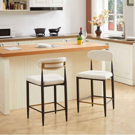 Set 2 sgabelli da bar imbottiti altezza bancone con schienale curvo, tessuto crema, OKWISH (1/5)