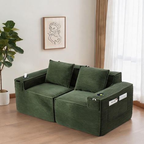 Sofa 2 places vert en velours côtelé réversible et modulable 188 (1/5)