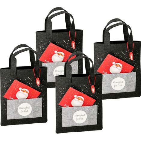 Filz Geschenk Tasche anthrazit mit Grußkarte - 4er Set - Stofftasche Flaschentüte Wichtelgeschenk
