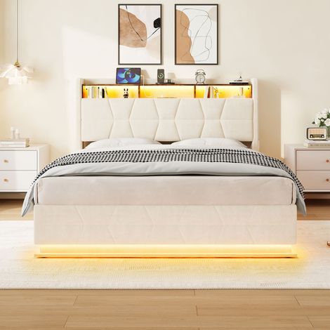 Lit multifonction avec éclairage LED, étagères ouvertes, poches latérales et station de charge USB/Type-C – tête de lit avec rangement plus sommier à lattes (300 kg) pour un confort maximal. 140200cm  (1/5)