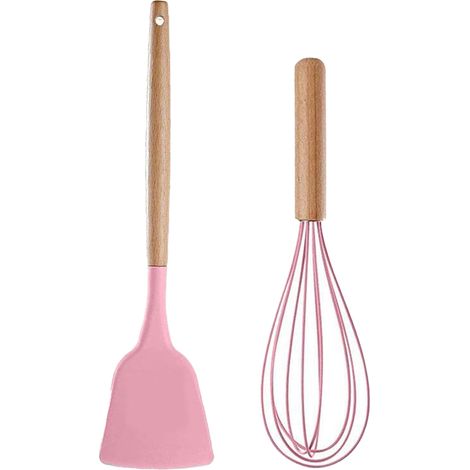 Ustensiles De Cuisine En Silicone - Poignées En Bois De Hêtre - Résistance Chaleur 230°C - Set 2 Pièces (1/5)