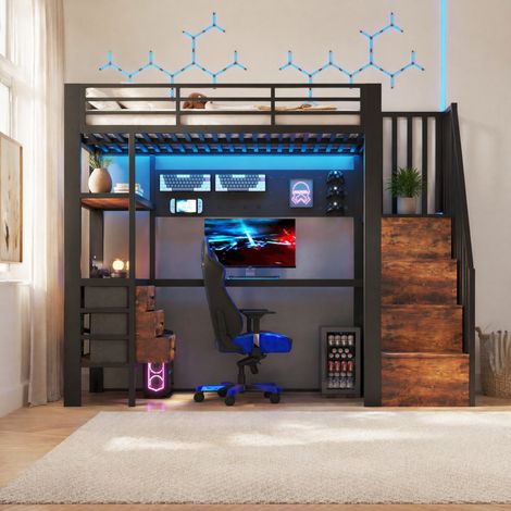 Cama alta 90 x 200 cm con escritorio, 3 cajones, estantes, panel perforado, enchufe y luz LED regulable negra – CHICFURN para dormitorio juvenil y zona de estudio (1/5)