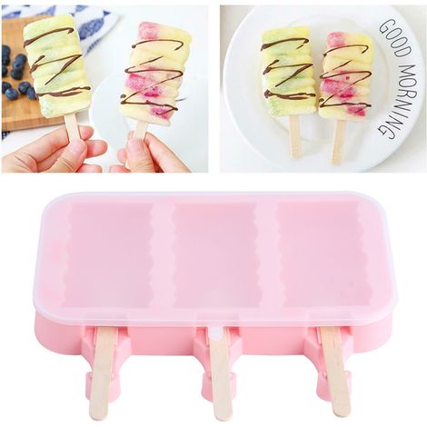 Moules à glace en silicone à faire soi-même avec couvercles et bâtonnets (motif vague à 3 compartiments + 50 bâtonnets) (1/5)