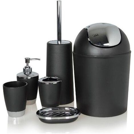 Ensemble d'accessoires de salle de bain en polypropylène (PP) - 6 pièces : poubelle, brosse WC, distributeur de savon, (1/4)