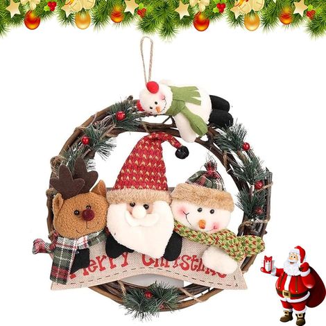 Weihnachtsmann-Hängekranz, 29 cm, Rattan-Schneemann-Puppe, Weihnachtspuppe, Hängekranz, geeignet für Wohnzimmer, Kamin, Tür und Fensterdekoration
