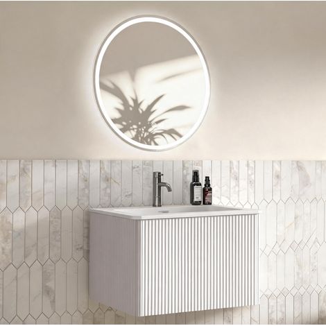 Ensemble meuble de salle de bains avec miroir LED, lavabo intégré et meuble suspendu blanc en MDF, façade rainurée, éclairage réglable et fonction antibuée, montage CHICFURN (1/5)