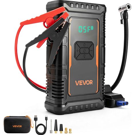 VEVOR Arrancador de Baterías con Compresor de Aire de 1600 A para Coche, Inflador de Neumáticos Portátil, 150 PSI, con Apagado Automático, Batería Externa, Cargador de Batería de 12 V, Linterna LED (1/5)