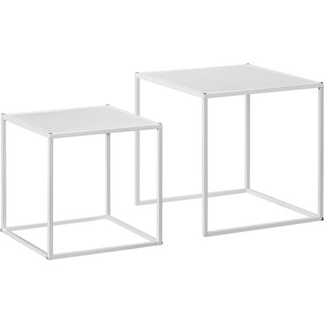 Set de 2 tables basses carrées avec plateau blanc et structure en acier, pour salon (1/5)