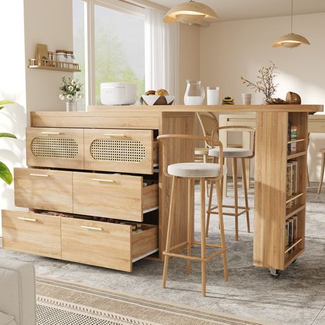 Mesa de bar extensible 128-203x39x90 cm de MDF natural con almacenaje para cocina FloraGrace (1/5)
