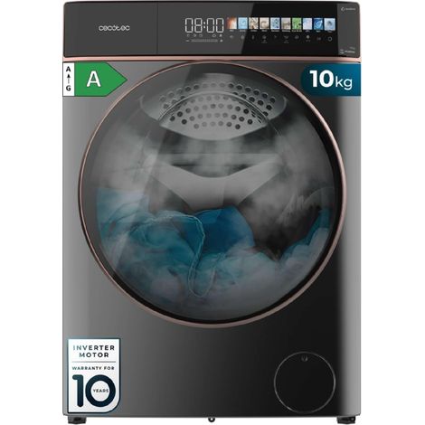 Cecotec – Lave-linge autodose 10 kg – Moteur inverter plus 1400 tr/min – Écran couleur 10,3" – 16 programmes – SteamMax – Classe A – Fuzzy Logic