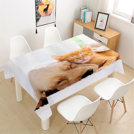 3D Rectangular Tablecloth, Stain-Resistant and Waterproof, Dog Print, Polyester, Dustproof, Washable and Easy to Clean, Tablecloth for Garden/Outdoor Use (Orange Kitten, 60x60cm) (1/5)