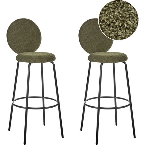 Conjunto de 2 sillas de bar de bouclé patas de acero negro respaldo redondo patas de tapas comedor verde Emery (1/5)
