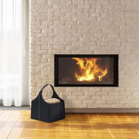 Jusch – Panier à bois similicuir noir – Dimensions 33x36x20cm – Accessoire cheminée et porte-revues – Anse de transport pratiq (1/5)