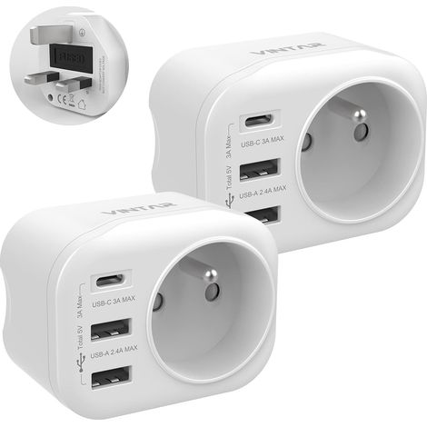 2PC Adaptateur Prise Anglaise UK Angleterre Française Adaptateur de Voyage avec 2 USB-A et 1 USB-C 3A, Adaptateur Prise France vers UK Irlande Malaisie Singapour, Type G