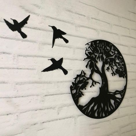 Art Mural en Métal Arbre De Vie avec Oiseaux Déco Noir - 28CM/11.02in Décoration Murale Deco Metal Moderne Signe Famille D'intérieur (1/5)