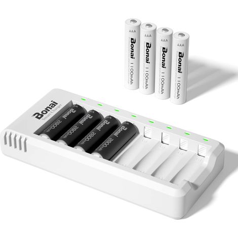 Chargeur de Piles Rechargeables USB 8 Slots + 8 Piles (4X AA 2800mAh + 4X AAA 1100mAh), Chargeurs Indépendants Intelligents, Compatible AA/AAA, Idéal pour Télécommandes, Jouets, Souris (1/5)