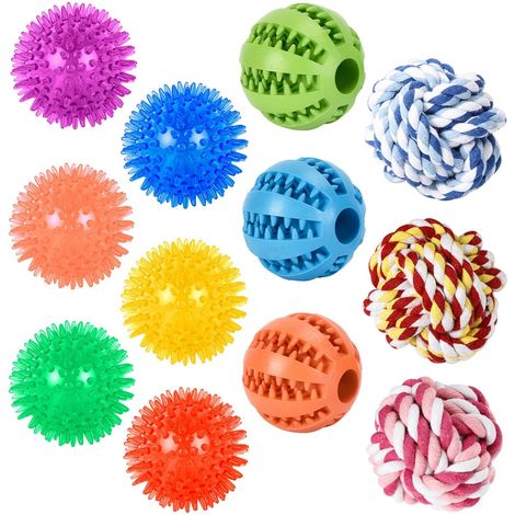 Lot de 12 balles de jeu pour chien, jouets à mâcher durables pour le nettoyage des dents, balles de corde et balles en caoutchouc de couleurs assorties pour chiots et petits chiens (1/5)
