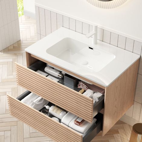Mobile bagno con lavabo 81 cm, 2 cassetti, ceramica bianca, effetto noce HAVRYA (1/5)