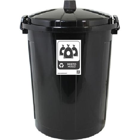 Bidone con coperchio chiuso grande 50 Lt antiodori o randagismo nero pattumiera con etichetta raccolta differenziata del misto da interno o esterno casa giardino locali commerciali
