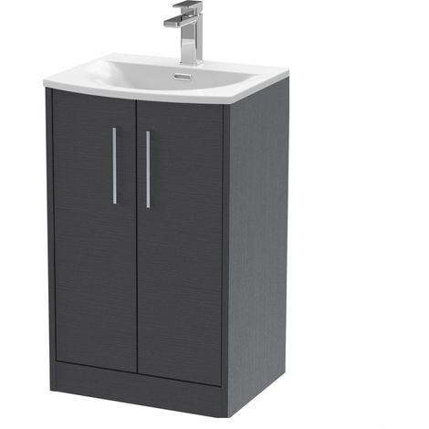 Winshill Contemporary 2 Door Floor Standing Vanity Unit with Curved Basin, Woodgrain Dark Grey, 500mm (1/4)