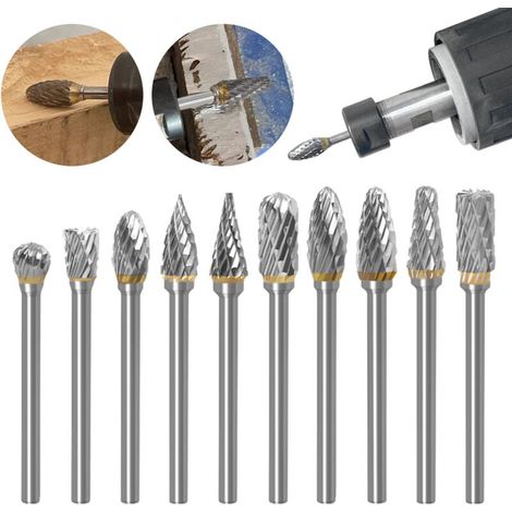 Double-edged tungsten carbide steel rotary burr set for rotary tool, 10 pieces, 1/8 inch shank for DIY, wood carving, metal polishing, engraving, drilling MUMU (1/4)