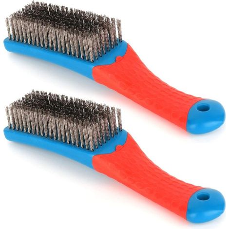 Two sets of heavy duty stainless steel wire cleaning brush metal rust paint removal tool rubber coating handle Red Blue (1/5)