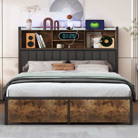 lit double 160x200, lit adulte 160x200, lit coffre avec 2 tiroirs, avec éclairage LED et fonction de chargement USB, tête de lit capitonné avec rangement, sommier à lattes métalliques, sans matelas, P (1/5)