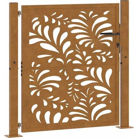 Portail de jardin, 100x100 cm, en acier vieilli avec un motif ondulé.