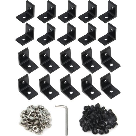 Lot de 20 équerres d'angle intérieures en aluminium noir avec 2 trous avec vis M5 + écrous en T pour profil d'extrusion en aluminium 2020 de 6 mm (noir avec écrou) (1/5)