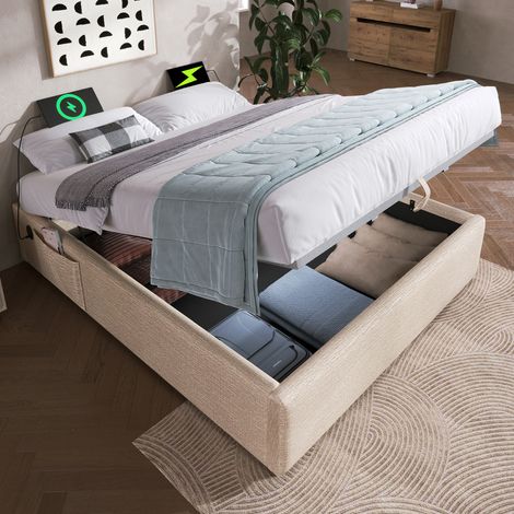 DESVIAE Lit coffre 140 x 200 cm en lin avec ports USB Type C sommier plein en bois massif espace de rangement coloris naturel Beige (1/5)