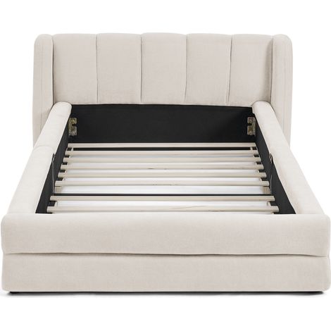 Lit 90x200 chenille beige dossier confortable lit enfant sans matelas (1/5)
