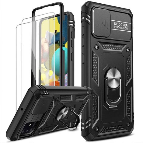 Coque pour Samsung Galaxy A51 4G avec 2 Verre Trempé, 360 Full Body Protection de la Caméra en PC Dur Anti-Chut Renforcée Armor Heavy Duty Antichoc Bumper Housse Etui Noir (1/5)