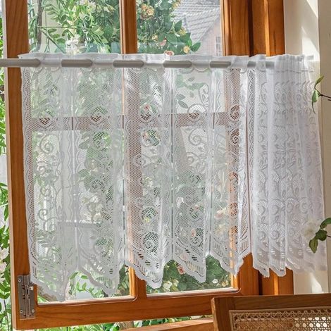 Cantonnières de fenêtre en dentelle blanche, rideau semi-transparent en dentelle florale pour cuisine, salle de bain et salon (180 x 45 cm) (1/5)