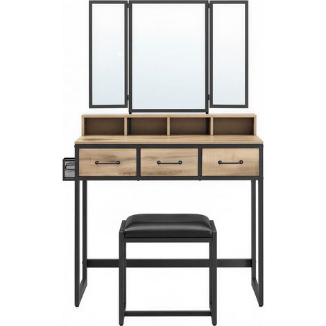 Table de Maquillage avec Tabouret Rembourré, avec Miroir Triple, 3 Tiroirs, Porte-sèche-Cheveux, Pot, Style Industriel, Marron et Noir (1/5)