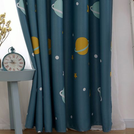 Rideaux en polyester à motif de planètes bleues de dessin animé, occultants, pour chambre ou salon (1 pièce) (1/5)