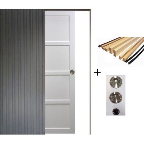 Porte Coulissante Tamera Blanc 4 Panneaux H204 X L93 Cm, Galandage, Kit Finition (coquille Et Tire Doigt) Gd Menuiseries