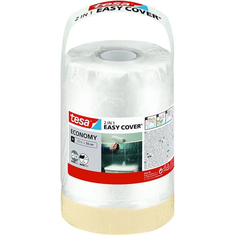 tesa Easy Cover Film ECONOMY - Telo Copritutto per Pittura 2 in 1 con Biadesivo in Carta - 33 m x 55 cm