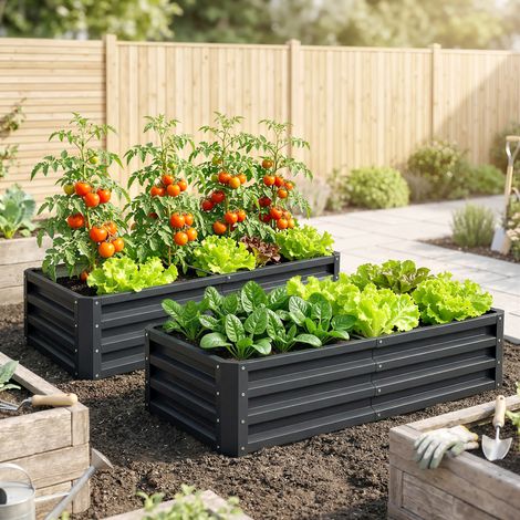 Lot de 2 carrés potagers de jardin rectangulaire tôle d'acier ondulée 120 x 60 x 30,5 cm gris (1/5)