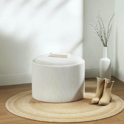 Tabouret de rangement avec couvercle, pouf rond en velours côtelé, table basse 56 x 42 cm, blanc crème (1/5)