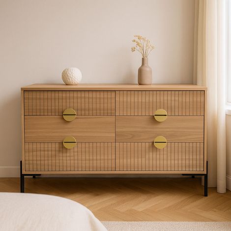 Comò con 6 cassetti e superficie in effetto legno scanalato 124 cm VALLO